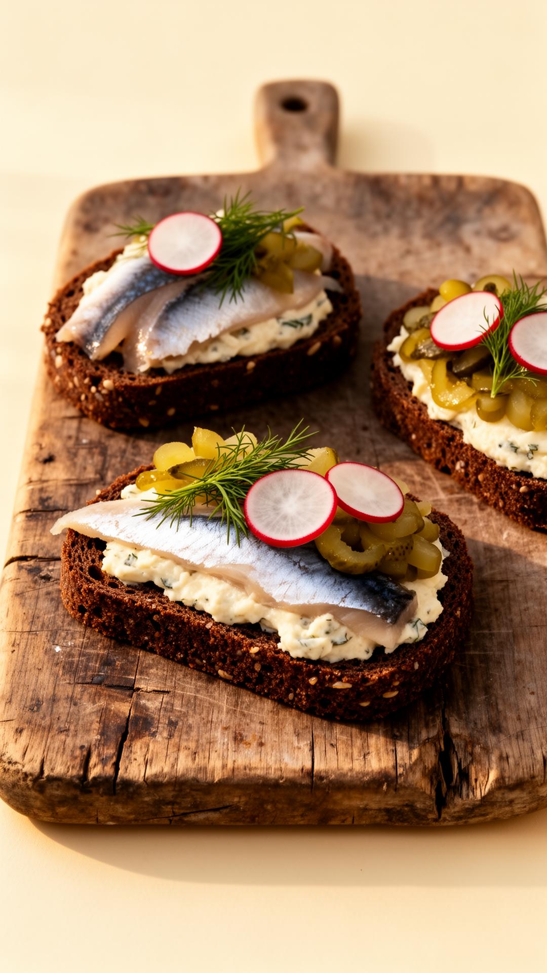 Smørrebrød på rugbrød med sild, dild og radiser